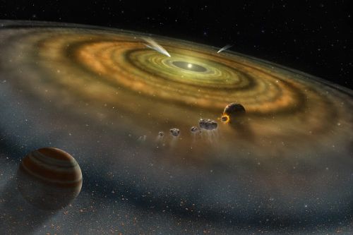 Abbildung: Entstehung eines Sonnensystems in einer Staub- und Gasscheibe um einen neu geborenen Stern (Quelle: NASA/FUSE/Lynette Cock)