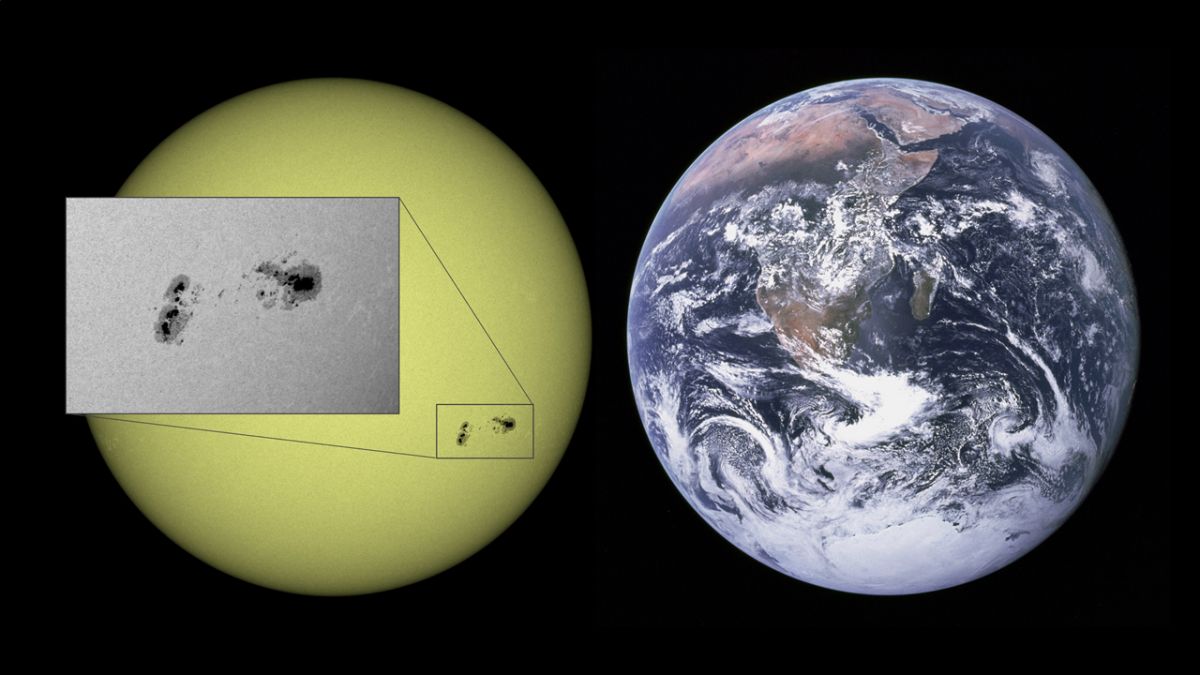 Abbildung: Bildkomposition der Aufnahmen des Solar Dynamics Observatory und der Apollo 17 Besatzung (Quelle: beides NASA)