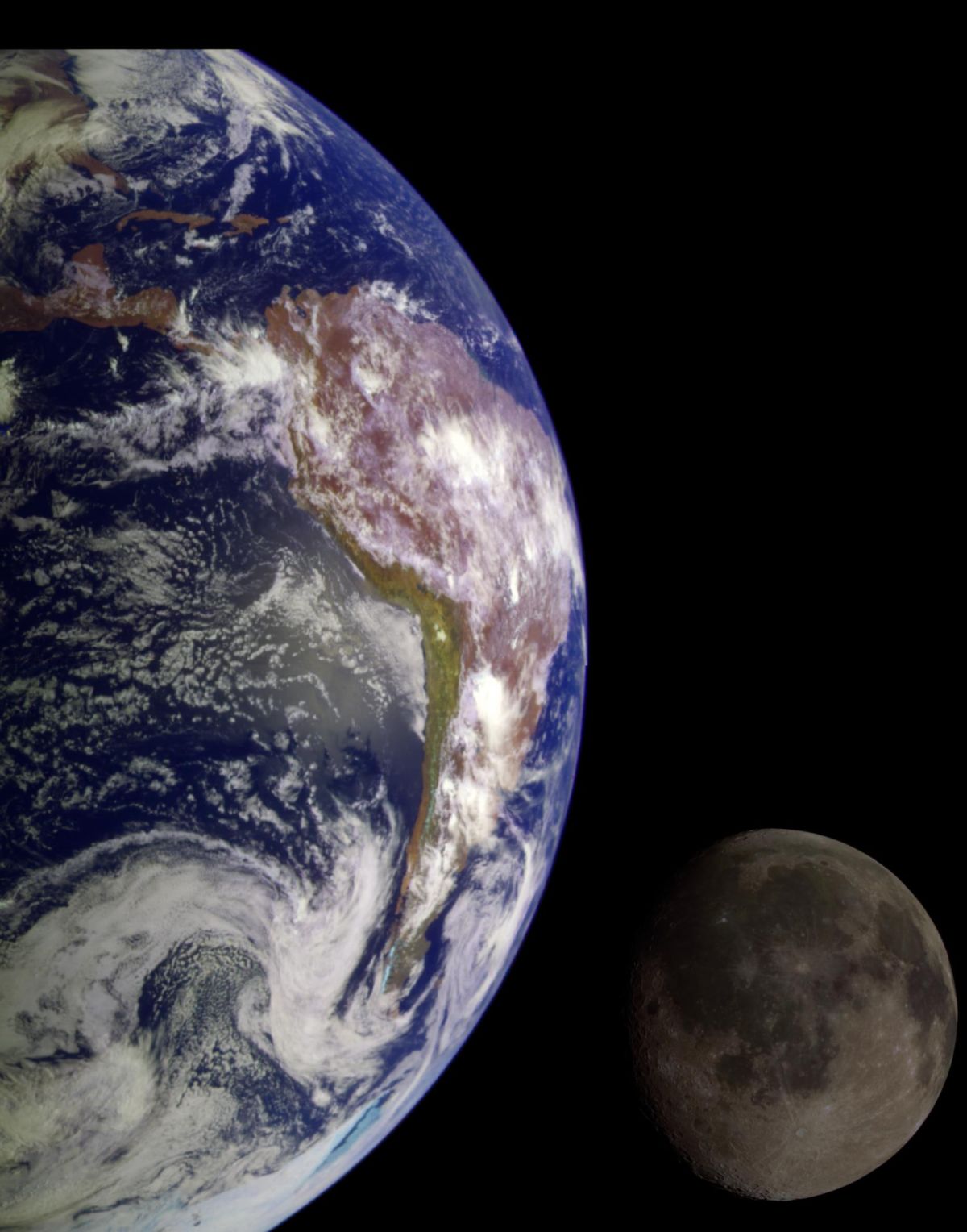 Abbildung: Erde und Mond im Größenvergleich, Aufnahme der Bilder durch die Raumsonde Galileo und separat zusammengesetzt (Quelle: NASA/JPL/USGS, 1992)